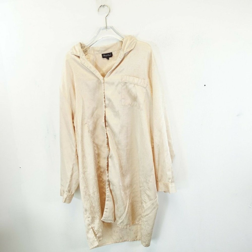 Satin Shirt Dress Women LARGE Champagne Letter All Over Midi Lounge BED OF ROSES